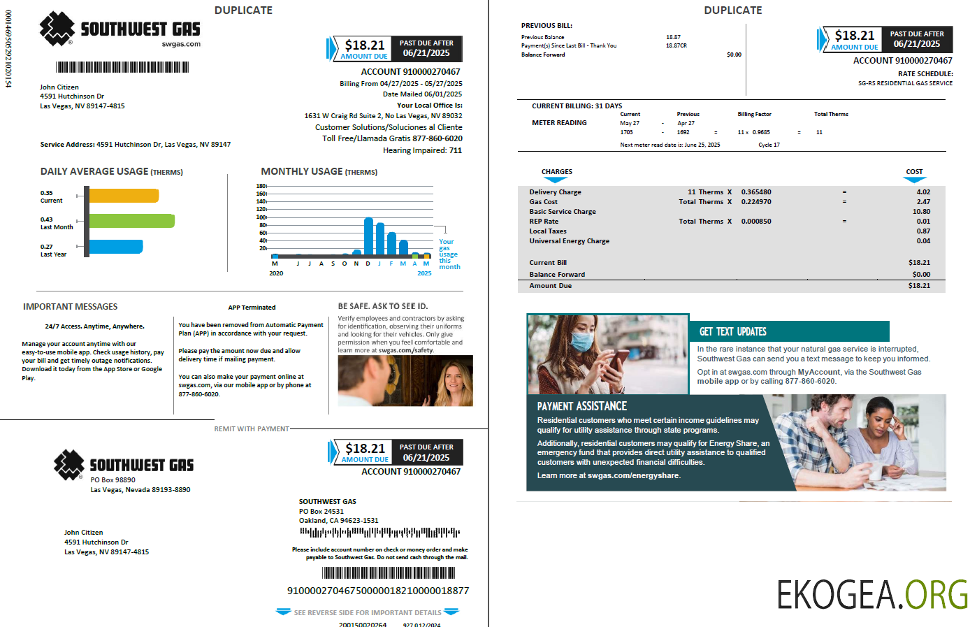 USA Southwest Gas utility bill template in Word and PDF formats, 2 pages